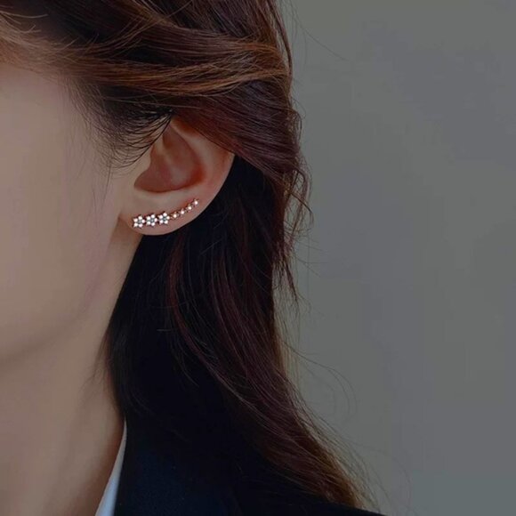 Cherry Blossom Diamond Climber/Crawler Floral Gold Dainty Wedding Gift Earrings - Picture 2 of 8